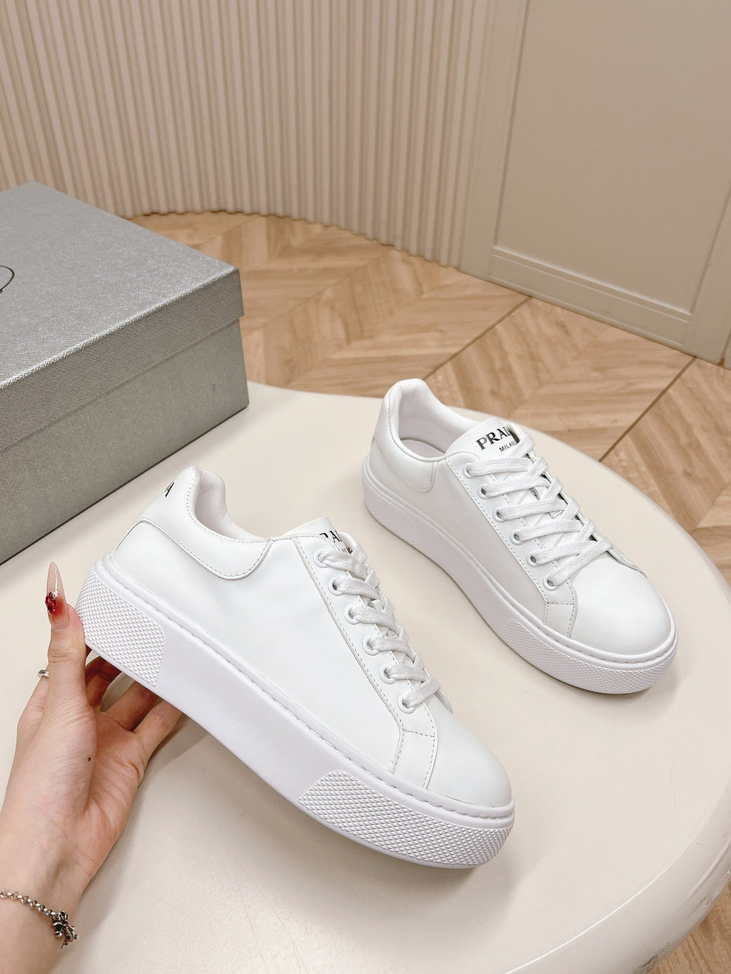 PRADA RETRO SNEAKERS WHITE CALFSKIN