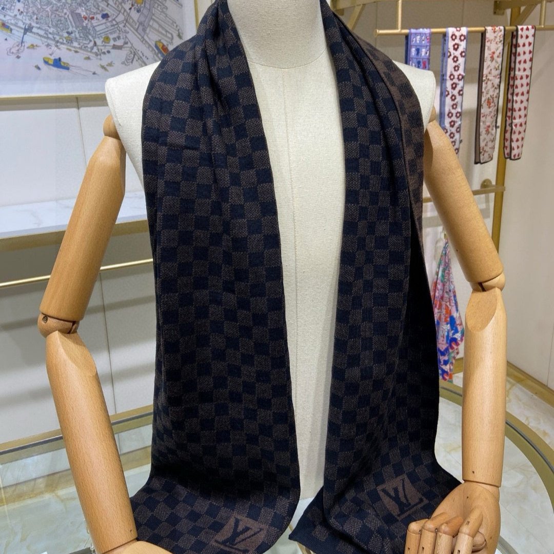 LOUIS VUITTON PETIT DAMIER SCARF 170 CM IN CHOCOLATE BROWN MIX BLACK CASHMERE 390783