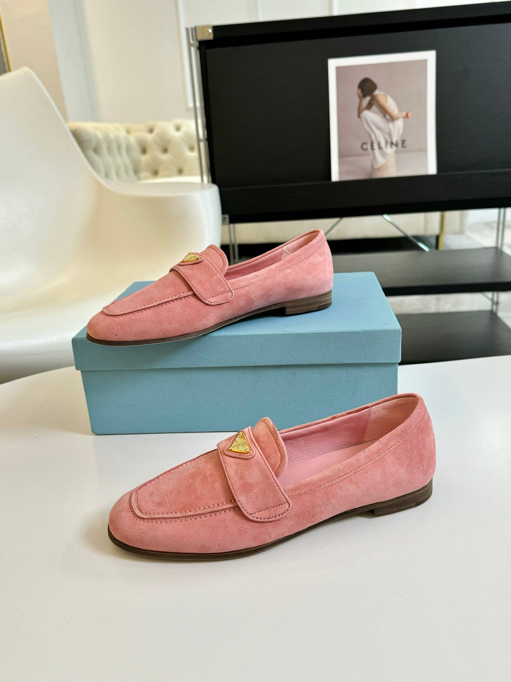 PRADA SUEDE LOAFERS ROSE CALFSKIN