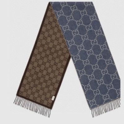 GUCCI JACQUARD WOOL SCARF DENIM BLUE MIX COFFEE BROWN 398286