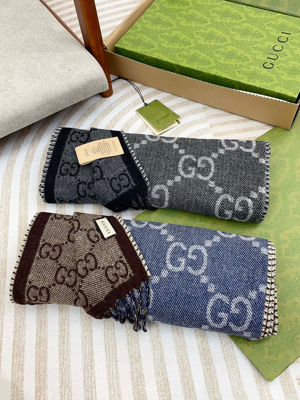GUCCI JACQUARD WOOL SCARF DENIM BLUE MIX COFFEE BROWN 398286