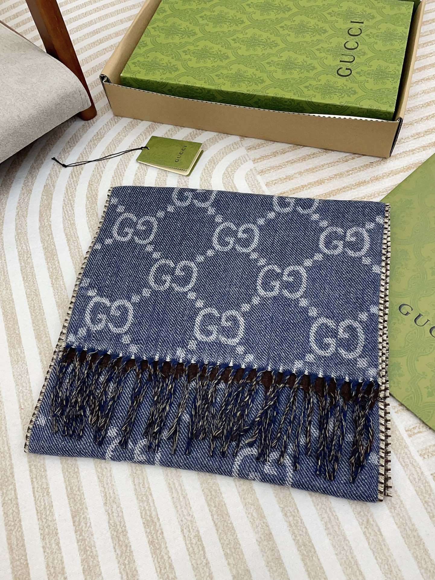 GUCCI JACQUARD WOOL SCARF DENIM BLUE MIX COFFEE BROWN 398286