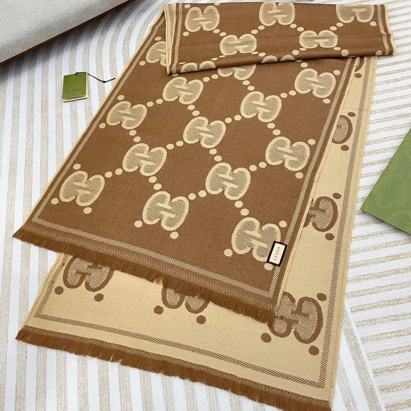 GUCCI DOUBLE-SIDED SCARF 200 CM IN COFFEE AND TAN BROWN WOOL AND SILK 398287