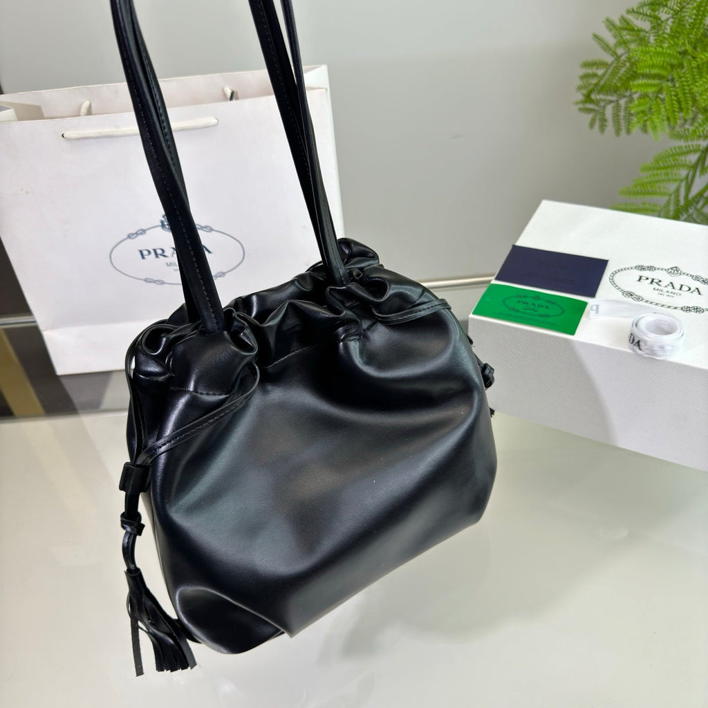 PRADA DRAWSTRING BUCKET BAG 25 IN BLACK SOFT LAMBSKIN