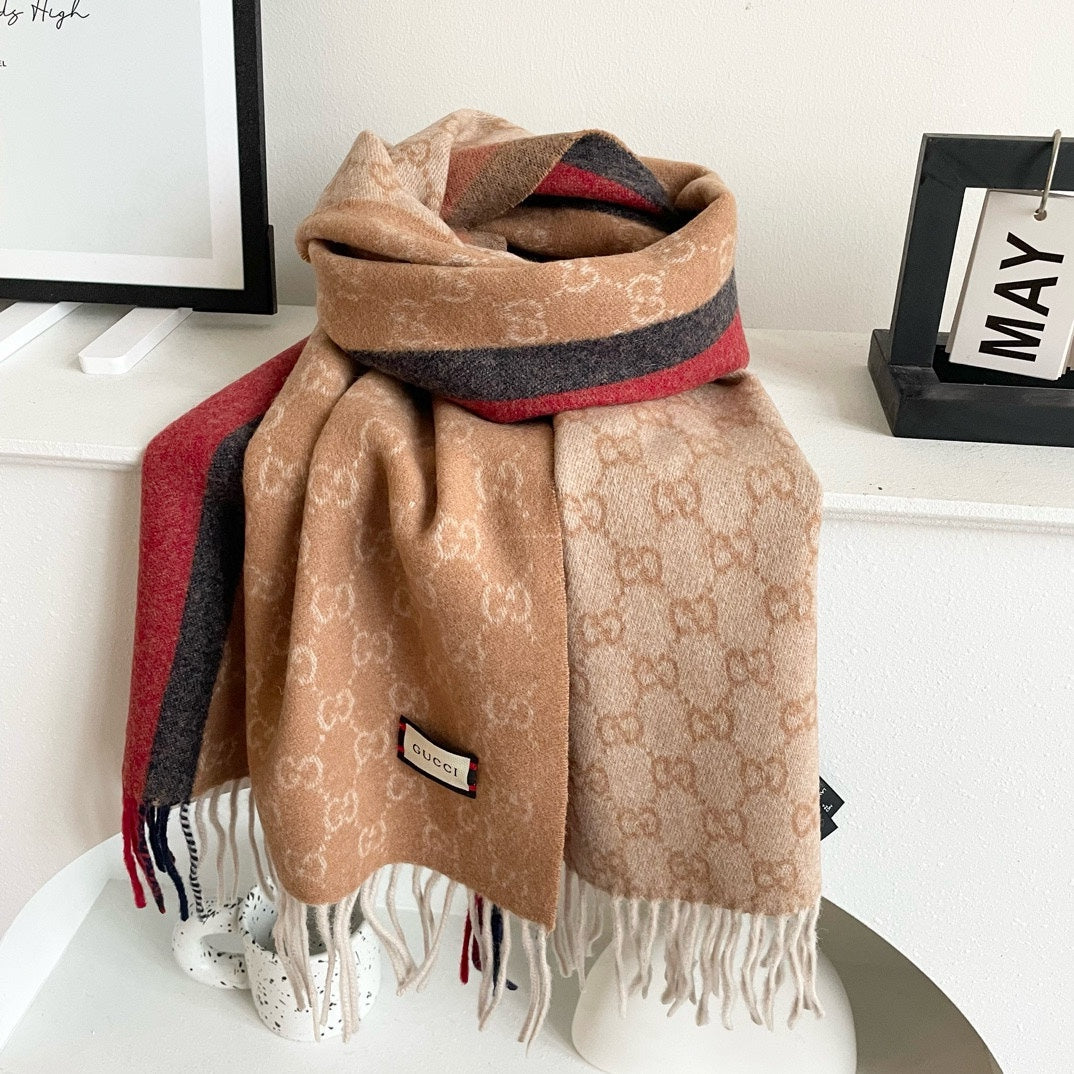 GUCCI SCARF 200 CM IN PEANUT BROWN MONOGRAM CASHMERE 399766
