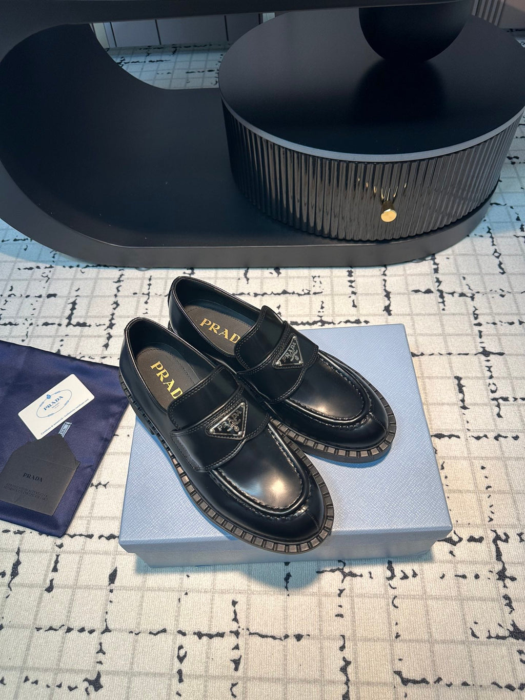 PRADA SCHOCOLATE BRUSHED LOAFERS BLACK CALFSKIN