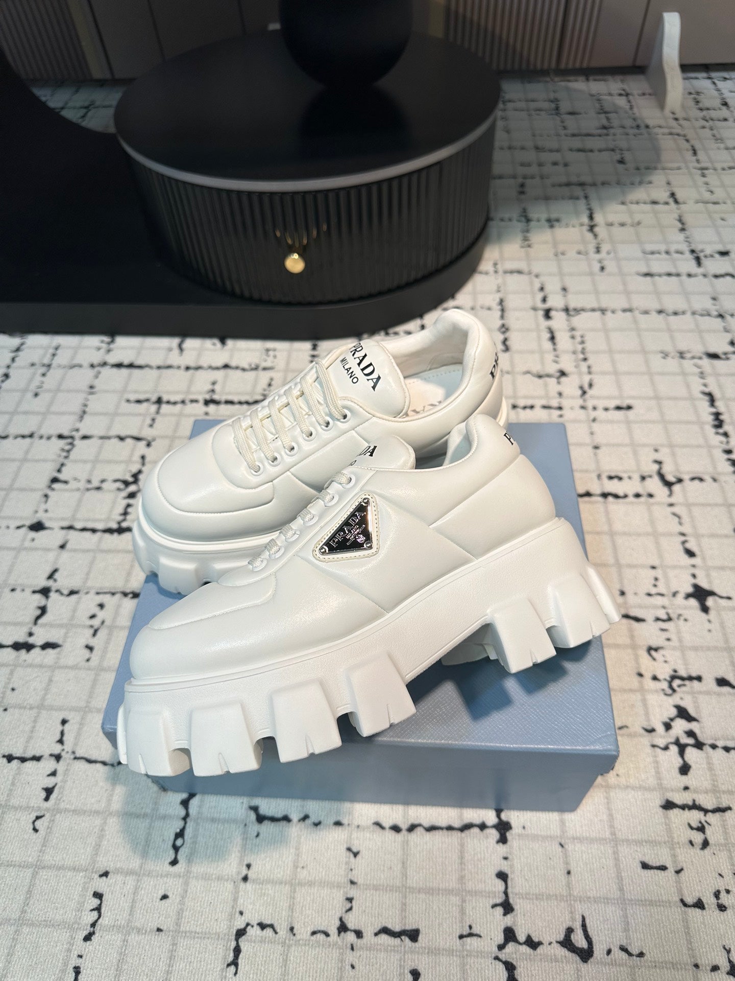 PRADA MONOLITH BRUSHED LACE-UP SHOES WHITE LAMBSKIN