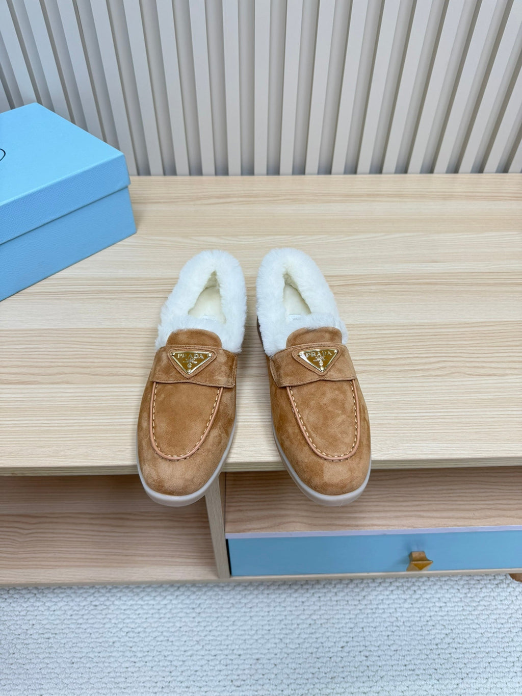 PRADA SUEDE LOAFER IN TAN BROWN WITH SHEARLING LINING