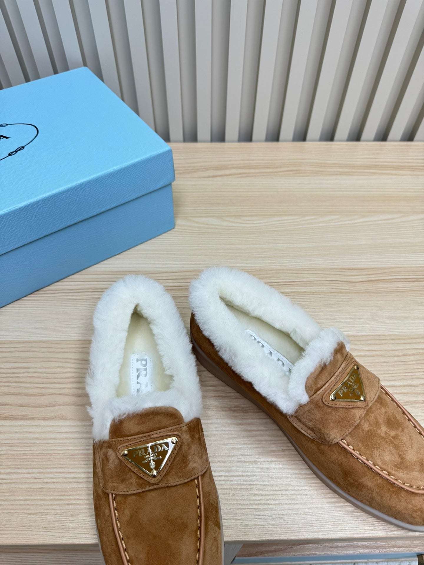 PRADA SUEDE LOAFER IN TAN BROWN WITH SHEARLING LINING