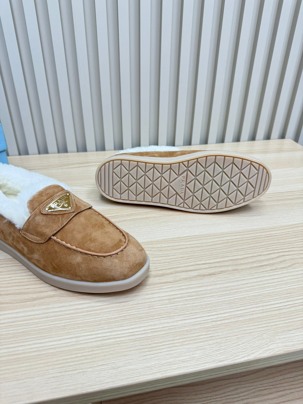 PRADA SUEDE LOAFER IN TAN BROWN WITH SHEARLING LINING