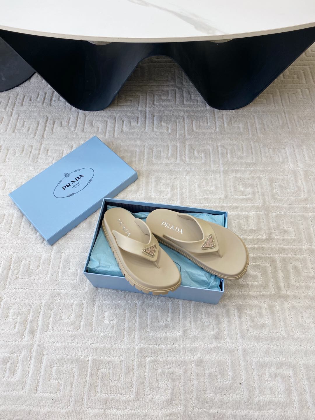 PRADA THICK-SOLED FLIP FLOPS IN ECRU BEIGE RUBBER