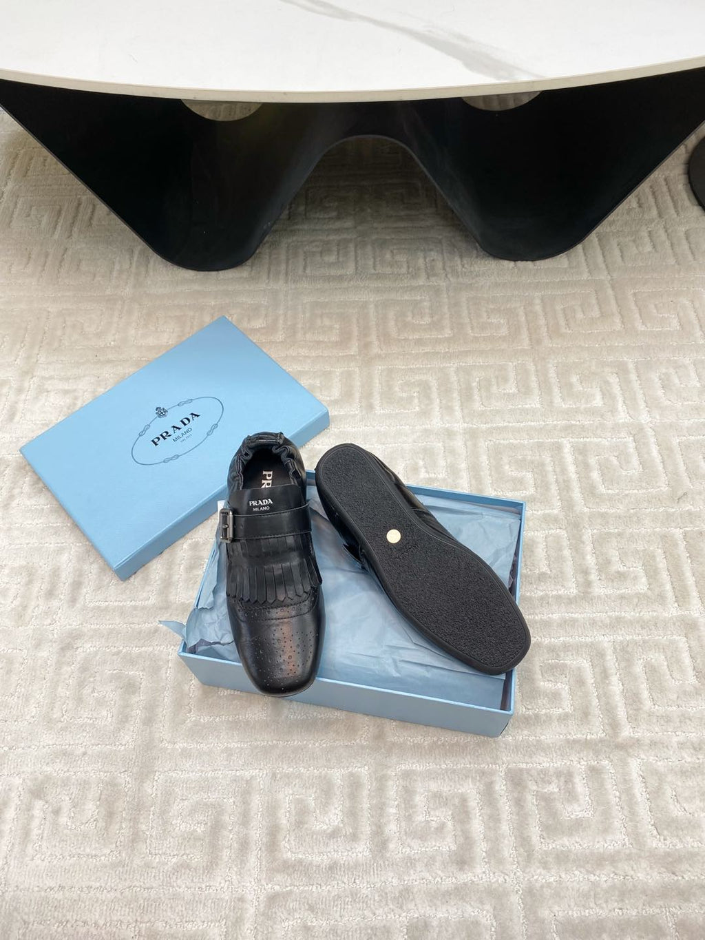 PRADA TASSEL LOAFERS IN BLACK LAMBSKIN