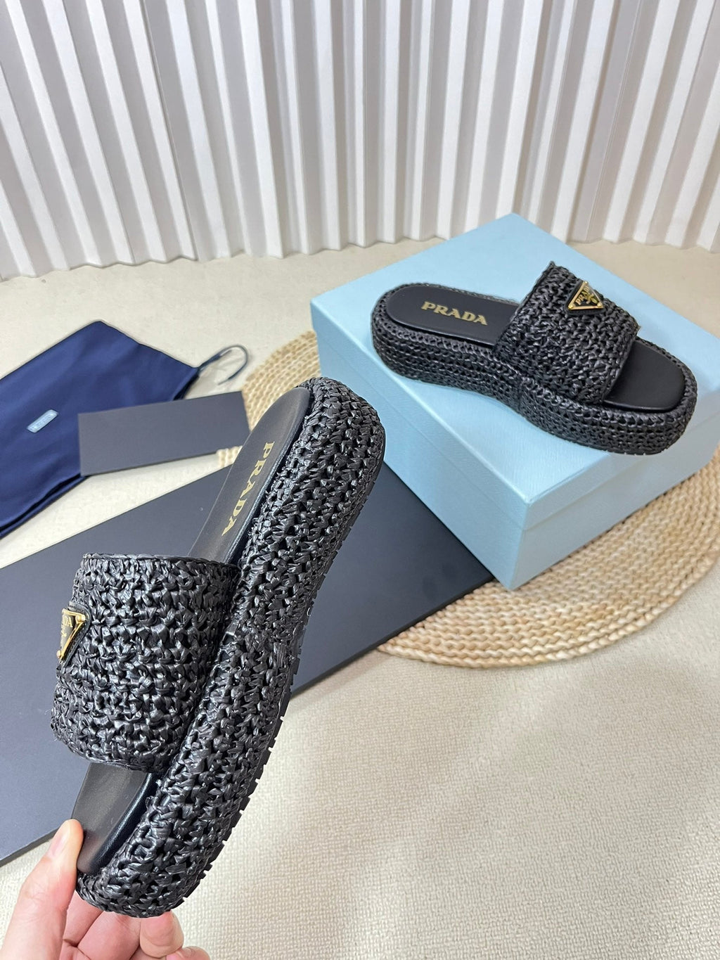 PRADA CROCHET FLATFORM SLIDES BLACK RAFFIA