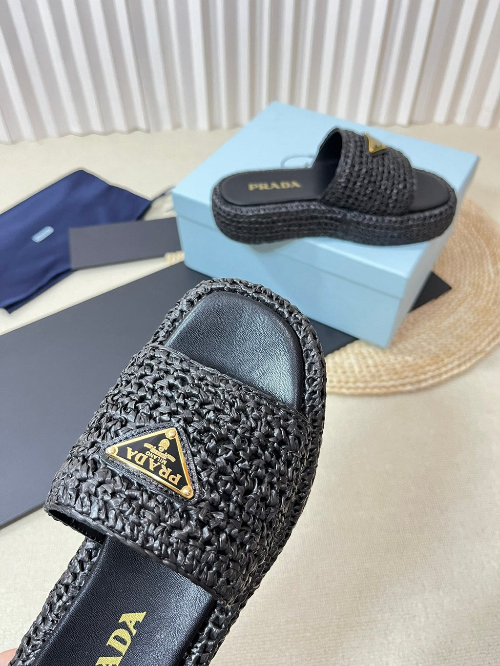 PRADA CROCHET FLATFORM SLIDES BLACK RAFFIA