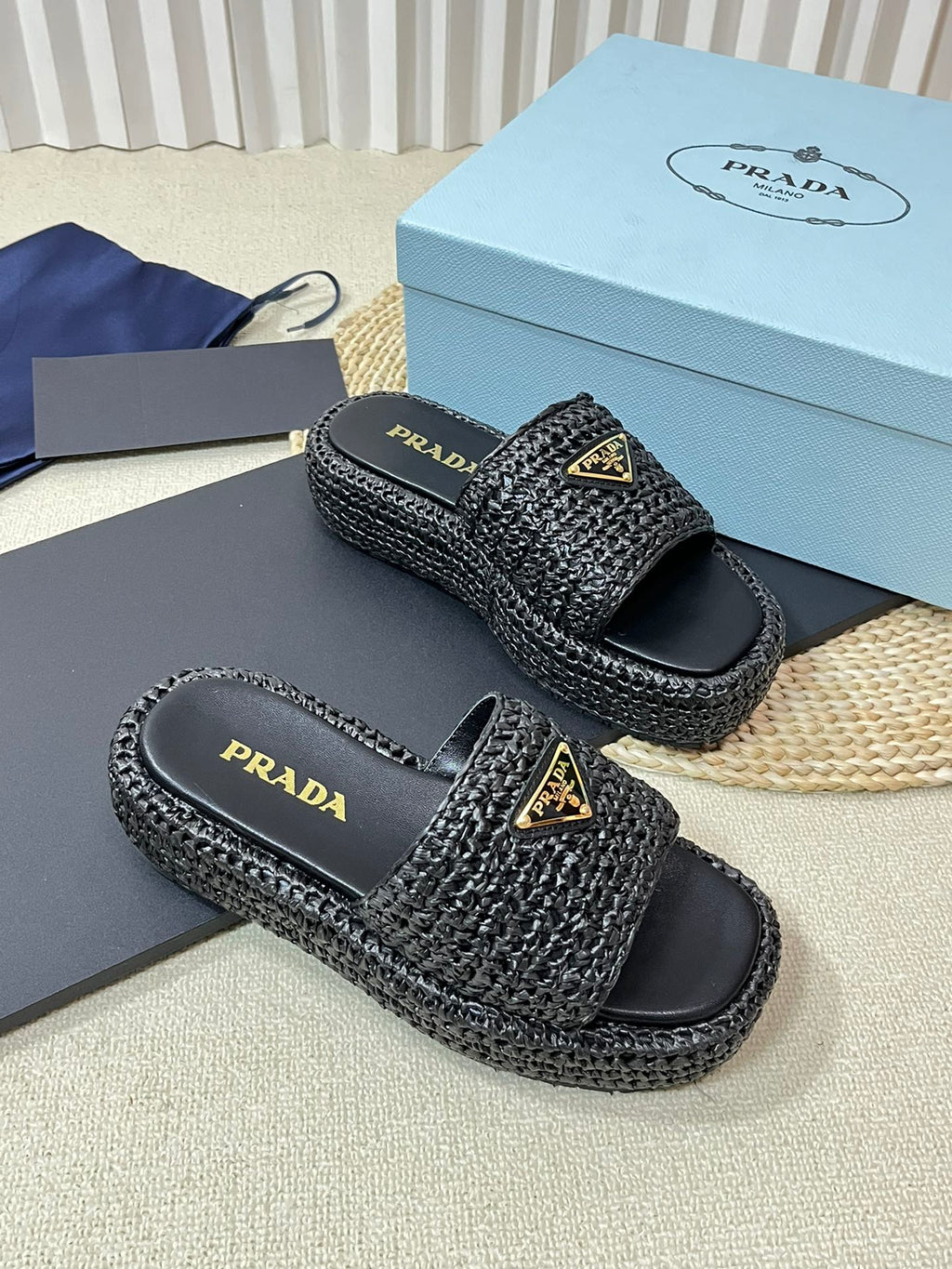 PRADA CROCHET FLATFORM SLIDES BLACK RAFFIA