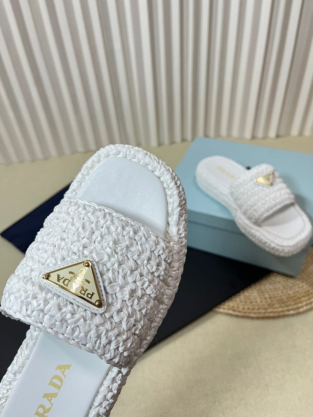 PRADA CROCHET FLATFORM SLIDES WHITE RAFFIA