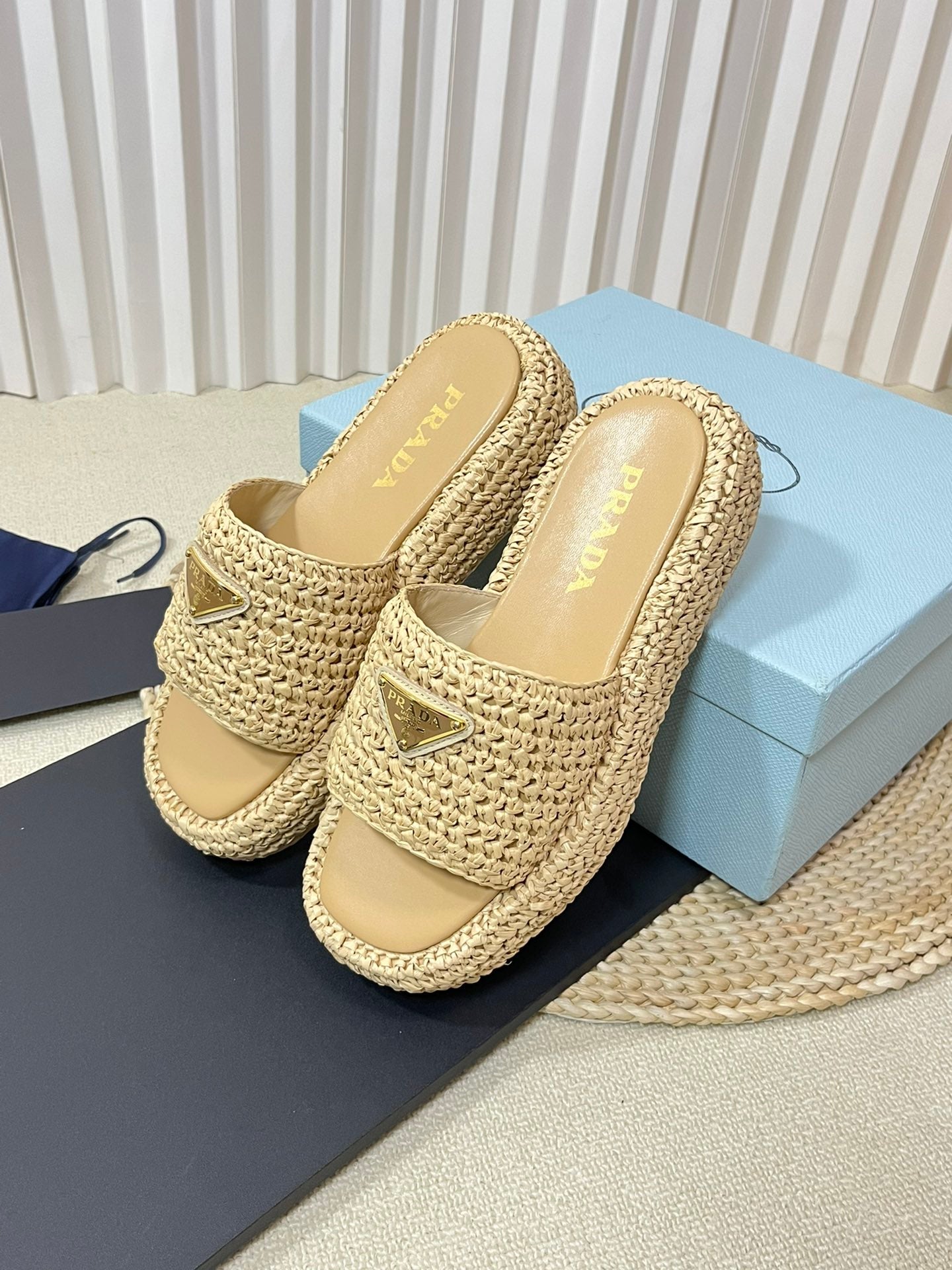 PRADA WEDGE FLATFORM SLIDES BEIGE RAFFIA