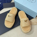 PRADA CROCHET FLATFORM SLIDES BEIGE RAFFIA