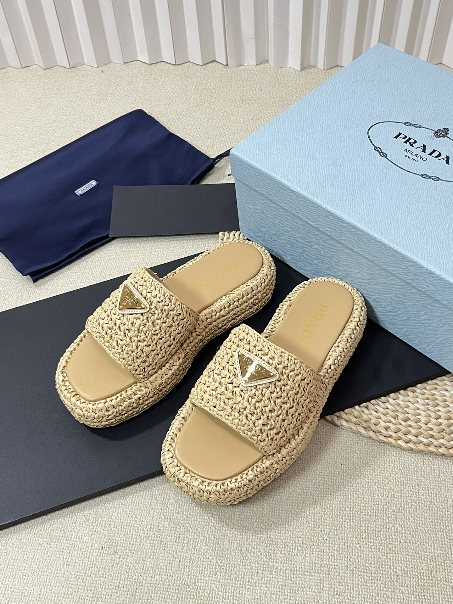 PRADA WEDGE FLATFORM SLIDES BEIGE RAFFIA