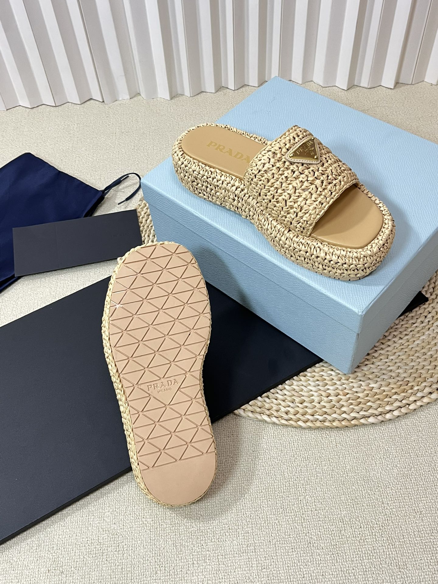 PRADA CROCHET FLATFORM SLIDES BEIGE RAFFIA