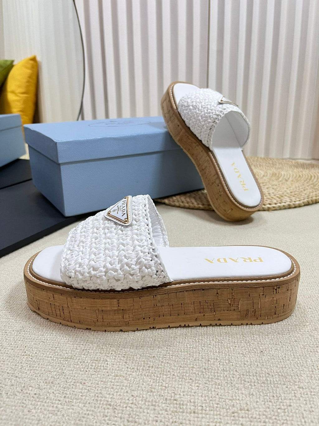 PRADA Crochet Flatform Slides 40 Lightweight Cork Sole White