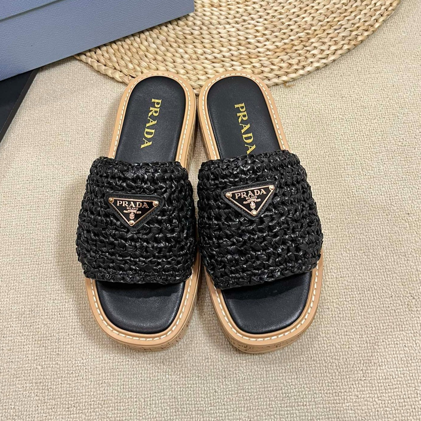 PRADA WEDGE FLATFORM SLIDES BLACK RAFFIA