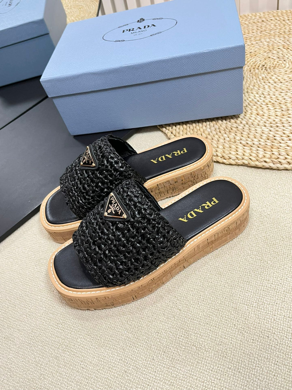 PRADA WEDGE FLATFORM SLIDES BLACK RAFFIA