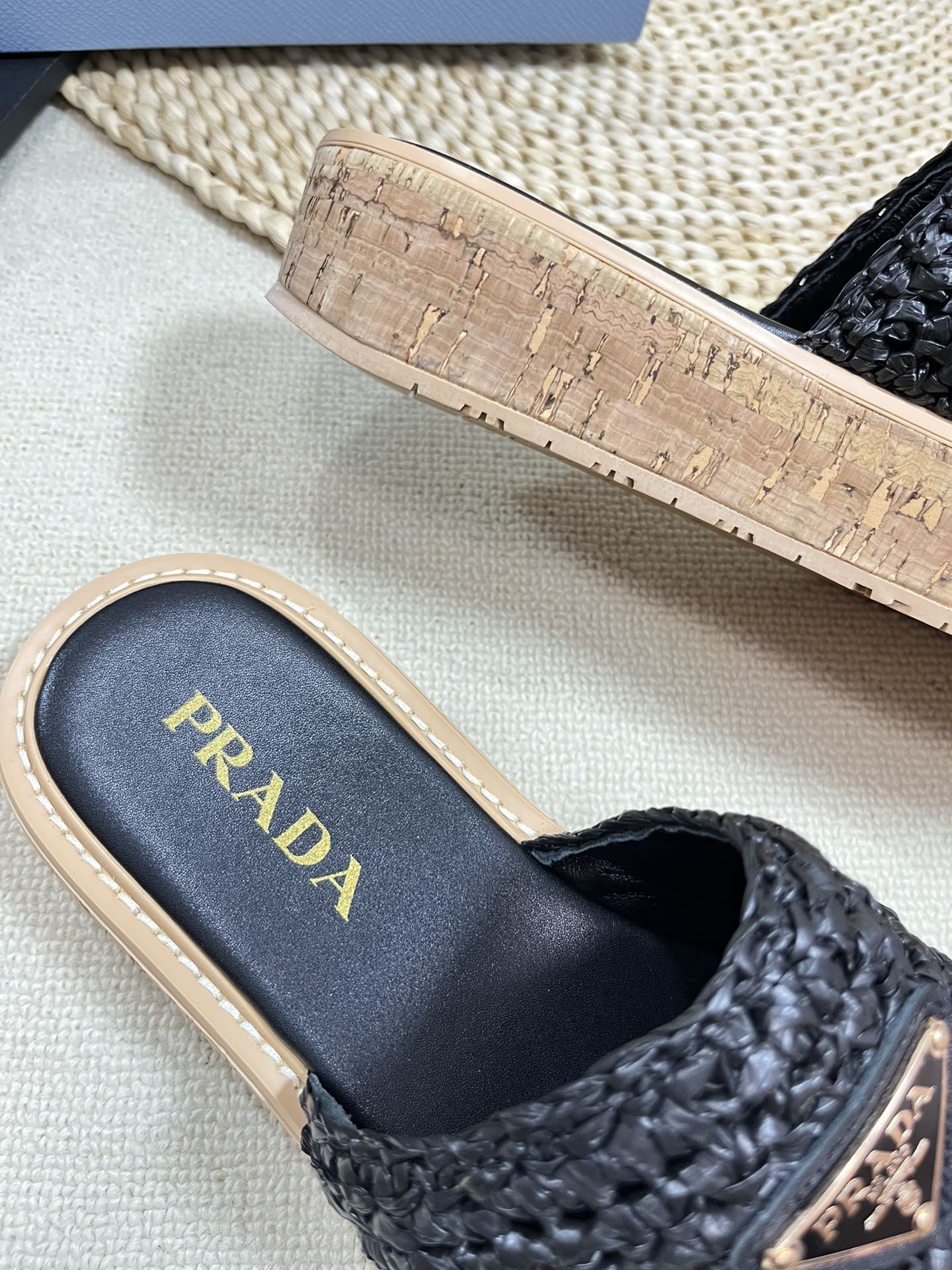 PRADA WEDGE FLATFORM SLIDES BLACK RAFFIA