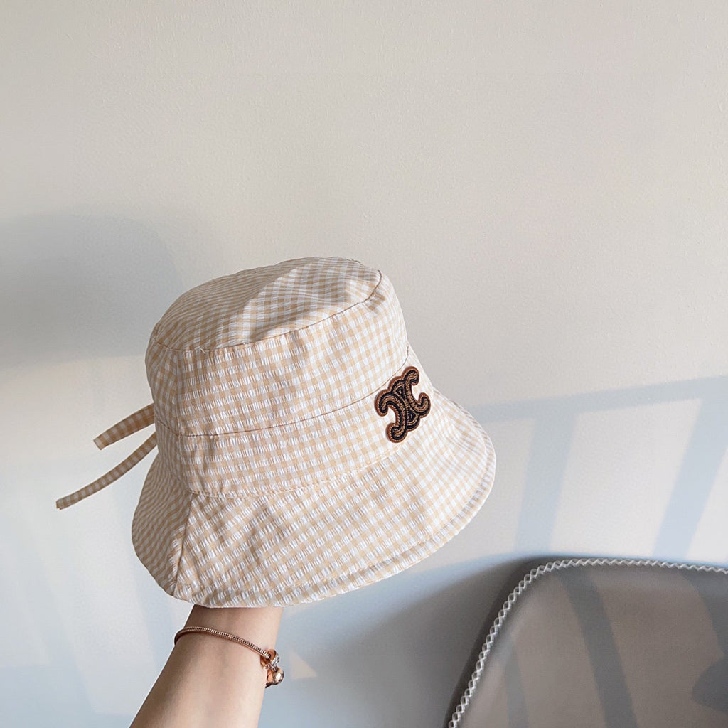 CELINE BUCKET HAT MODEL 652076 IN ORANGE & WHITE GINGHAM FABRIC