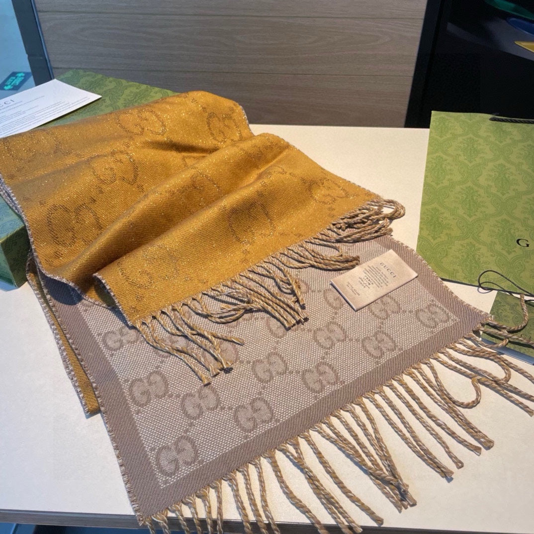 GUCCI SCARF IN PEANUT BROWN AND KHAKI BROWN WOOL 405142