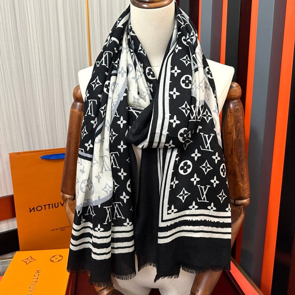 LOUIS VUITTON SCARF 200 CM IN BLACK MIX WHITE CASHMERE 400030