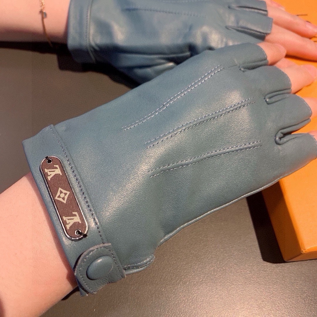 LOUIS VUITTON FINGERLESS GLOVES IN BLUE GREEN LAMBSKIN 453647