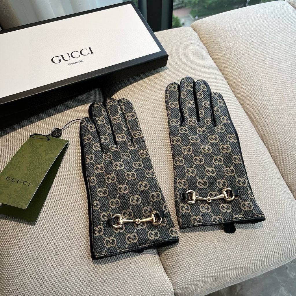 GUCCI HORSEBIT GLOVES IN STONE BLUE MONOGRAM JACQUARD FABRIC MIX BLACK SHEEPSKIN 456333