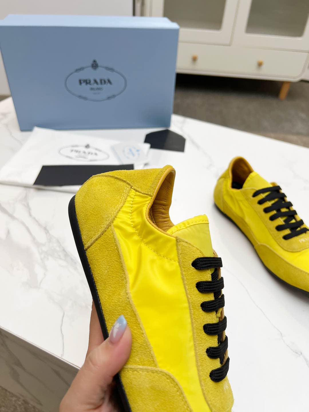 PRADA COLLAPSE SNEAKERS IN YELLOW SUEDE AND NYLON