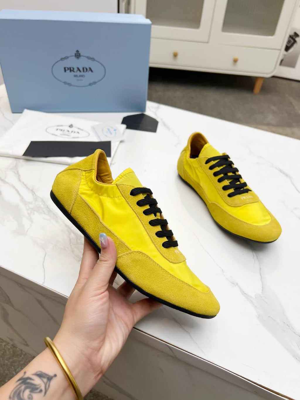 PRADA COLLAPSE SNEAKERS IN YELLOW SUEDE AND NYLON