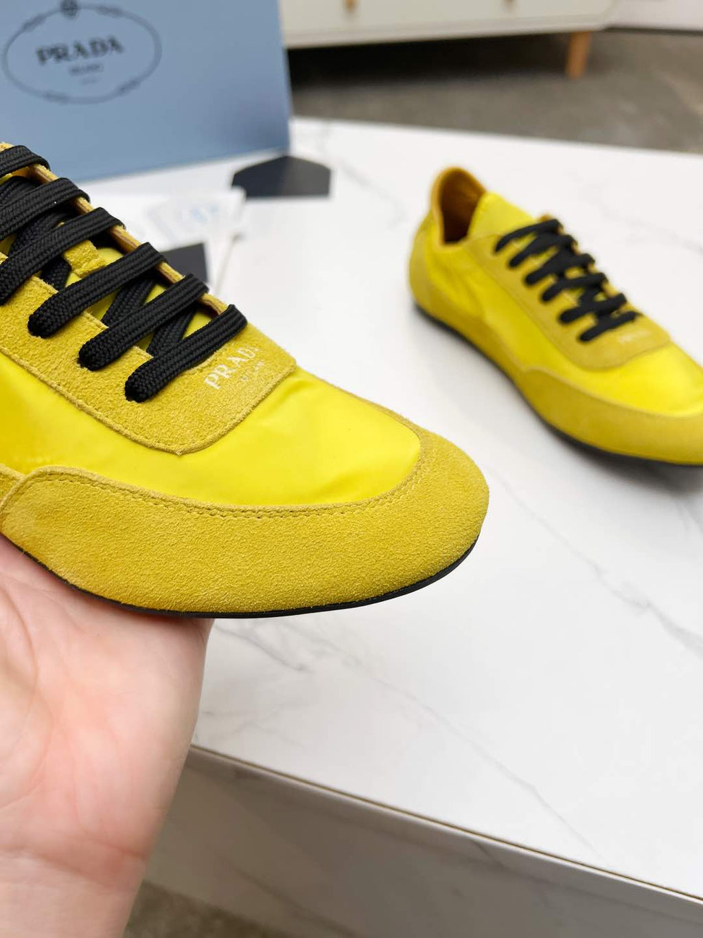 PRADA COLLAPSE SNEAKERS IN YELLOW SUEDE AND NYLON