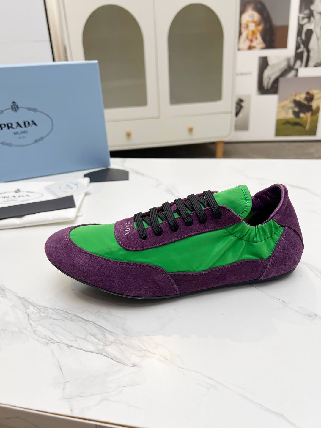 PRADA COLLAPSE SNEAKERS IN PURPLE SUEDE AND GREEN NYLON