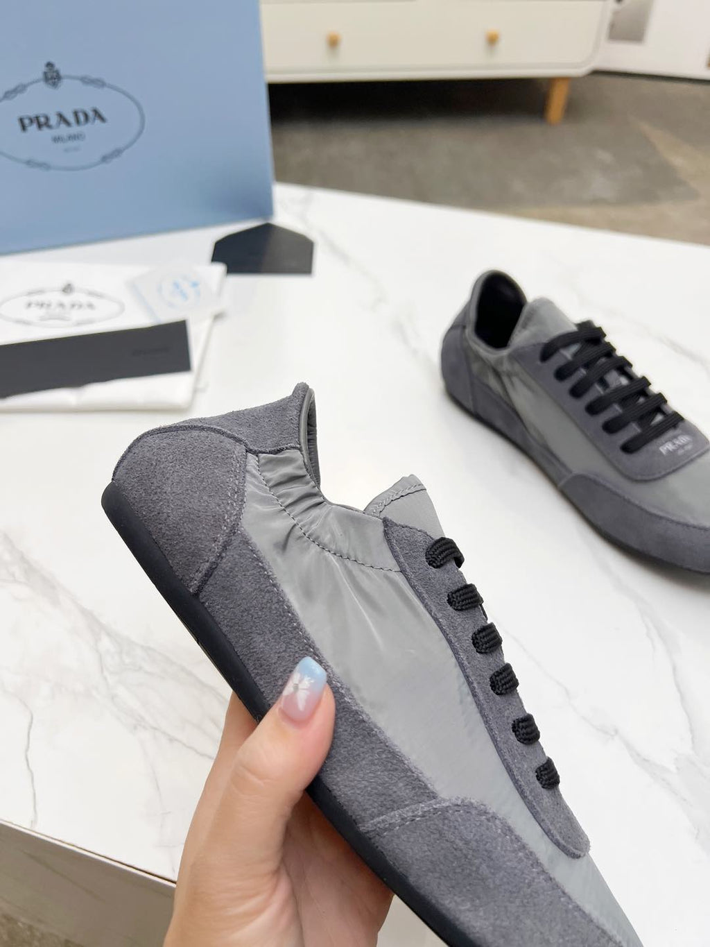 PRADA COLLAPSE SNEAKERS IN GRAY SUEDE AND NYLON
