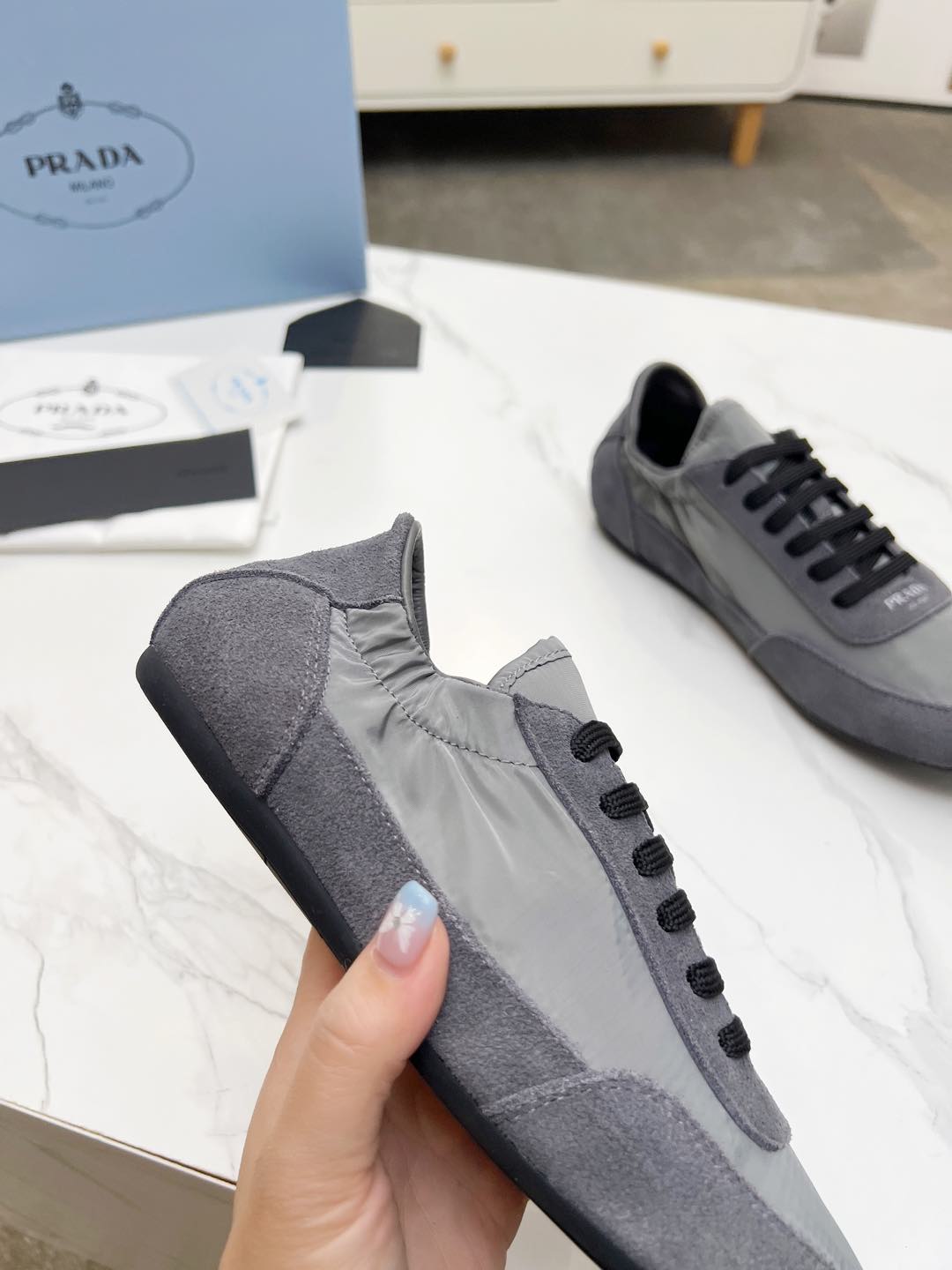 PRADA COLLAPSE SNEAKERS IN GRAY SUEDE AND NYLON