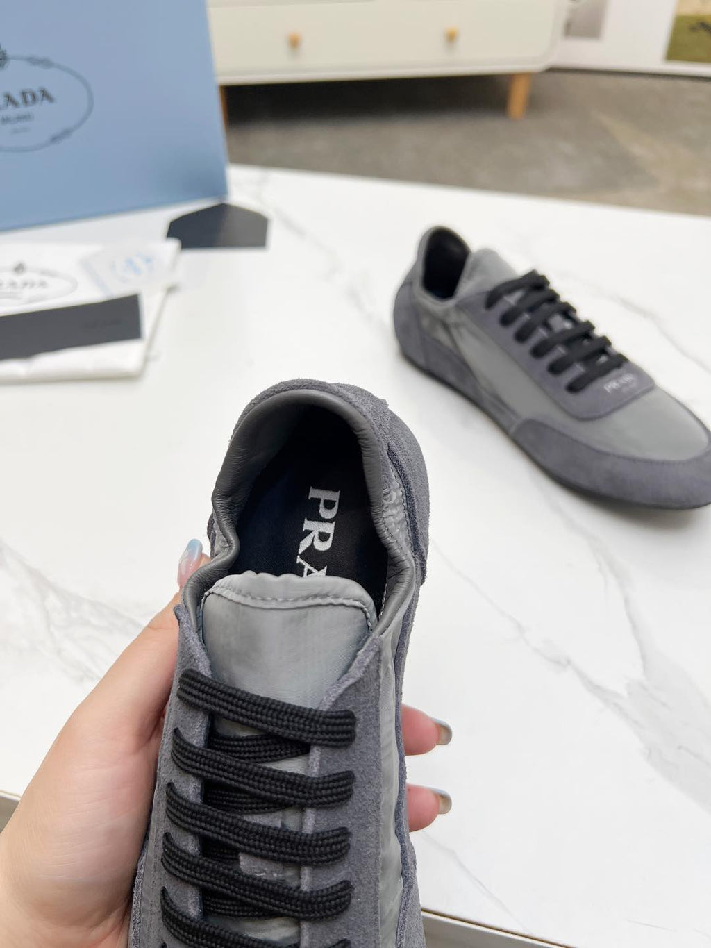 PRADA COLLAPSE SNEAKERS IN GRAY SUEDE AND NYLON