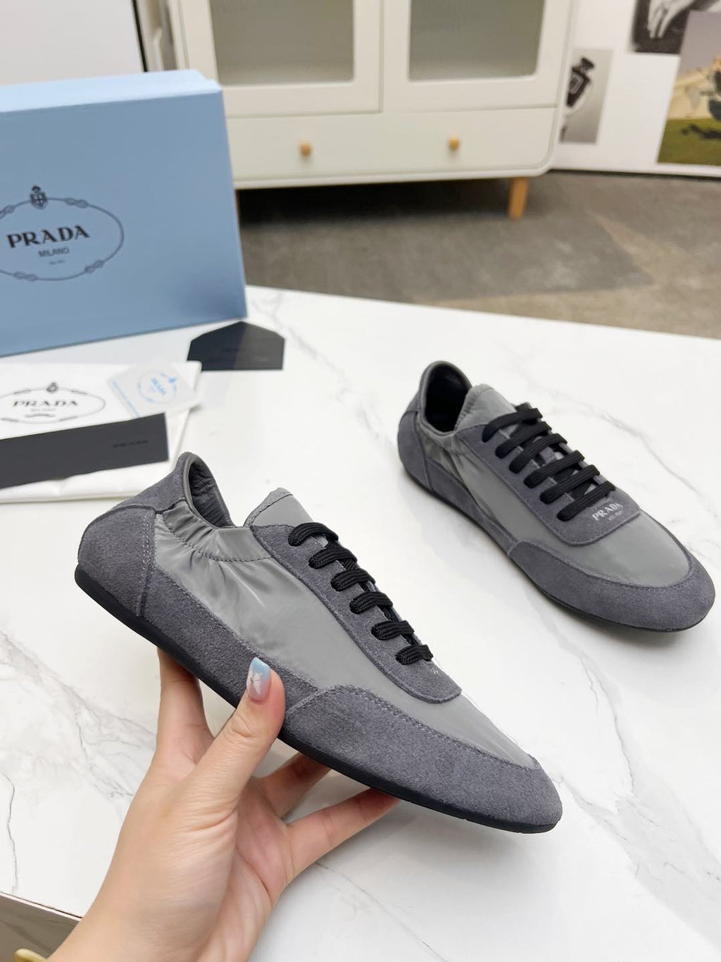 PRADA COLLAPSE SNEAKERS IN GRAY SUEDE AND NYLON