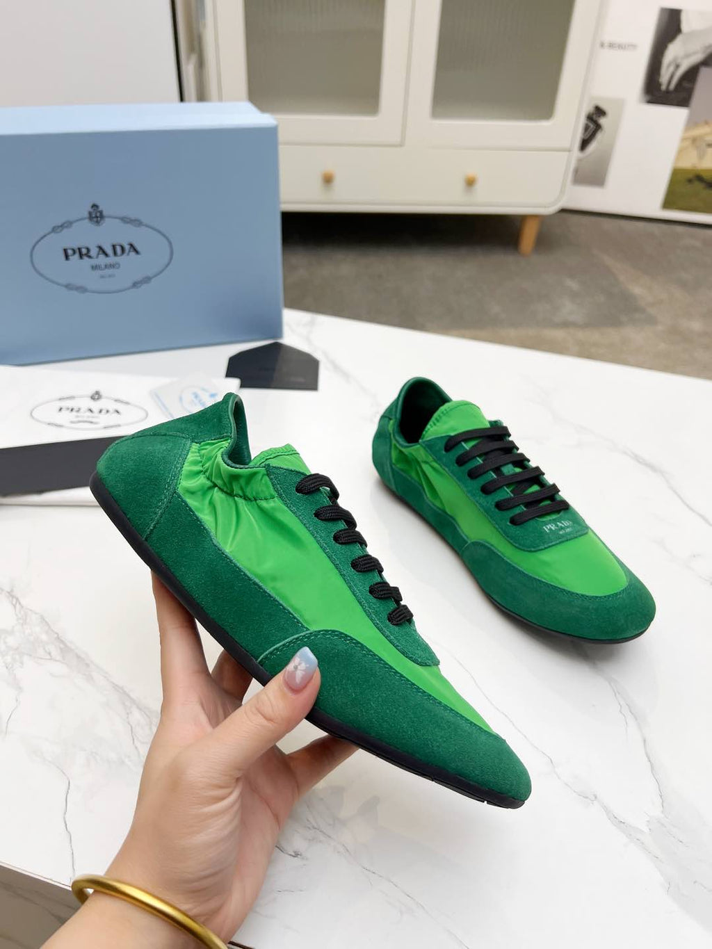 PRADA COLLAPSE SNEAKERS IN GREEN SUEDE AND NYLON