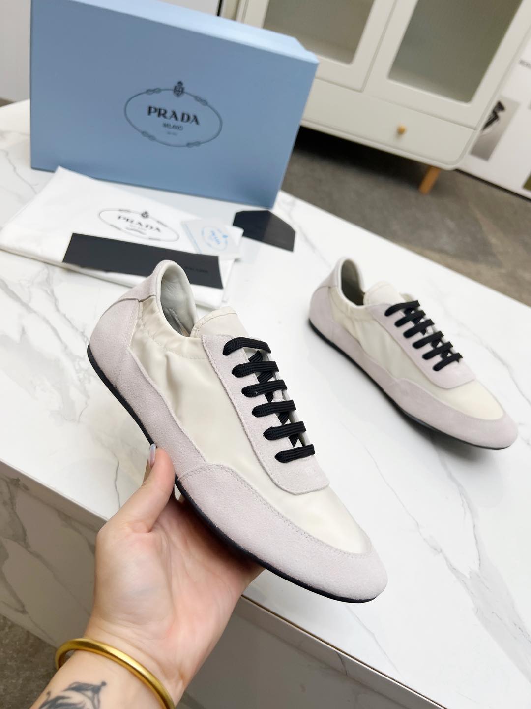 PRADA COLLAPSE SNEAKERS IN BEIGE SUEDE AND NYLON