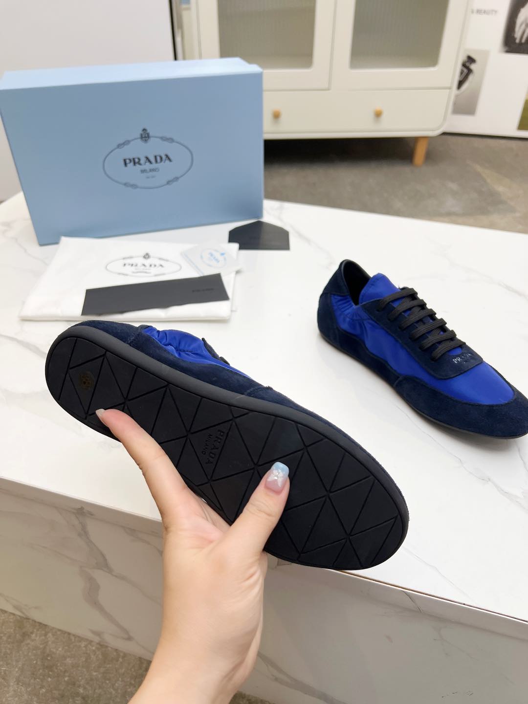 PRADA COLLAPSE SNEAKERS IN BLUE SUEDE AND NYLON
