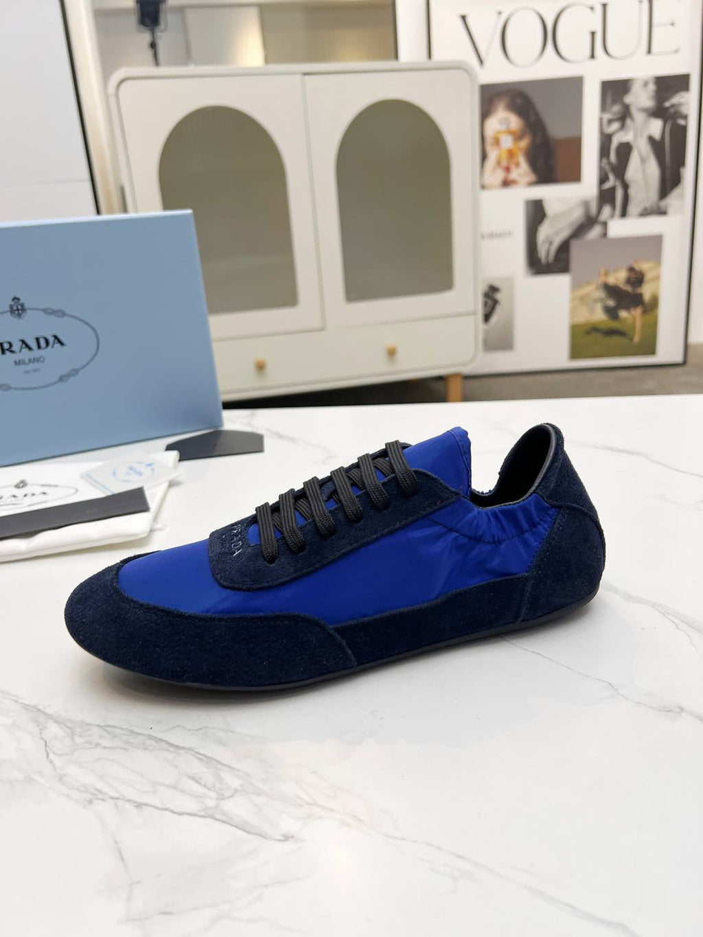 PRADA COLLAPSE SNEAKERS IN BLUE SUEDE AND NYLON