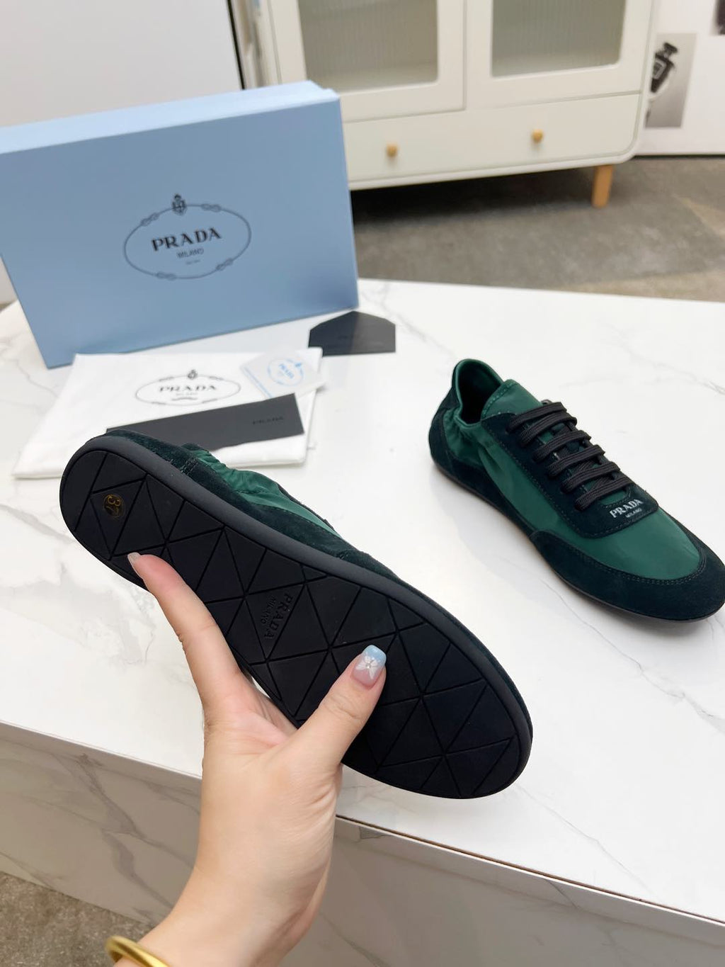 PRADA COLLAPSE SNEAKERS IN BLACK SUEDE AND FOREST GREEN NYLON