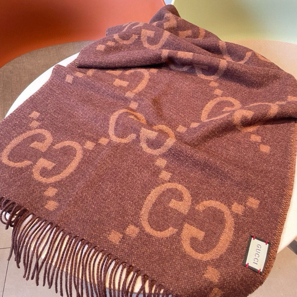 GUCCI JACQUARD PATTERN KNIT SCARF 195 CM WITH TASSELS CHESTNUT BROWN 403749