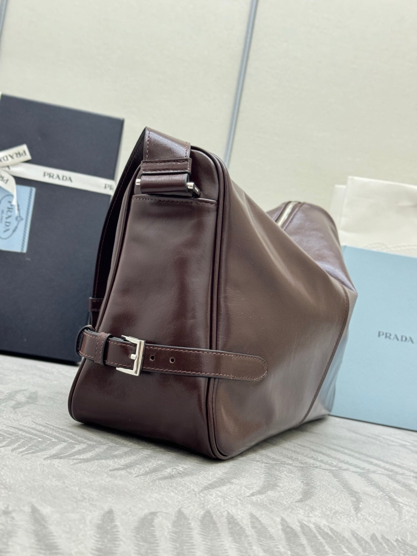 PRADA 25S SHOULDER BAG 35 IN RK BROWN CALFSKIN SILVER HARDWARE