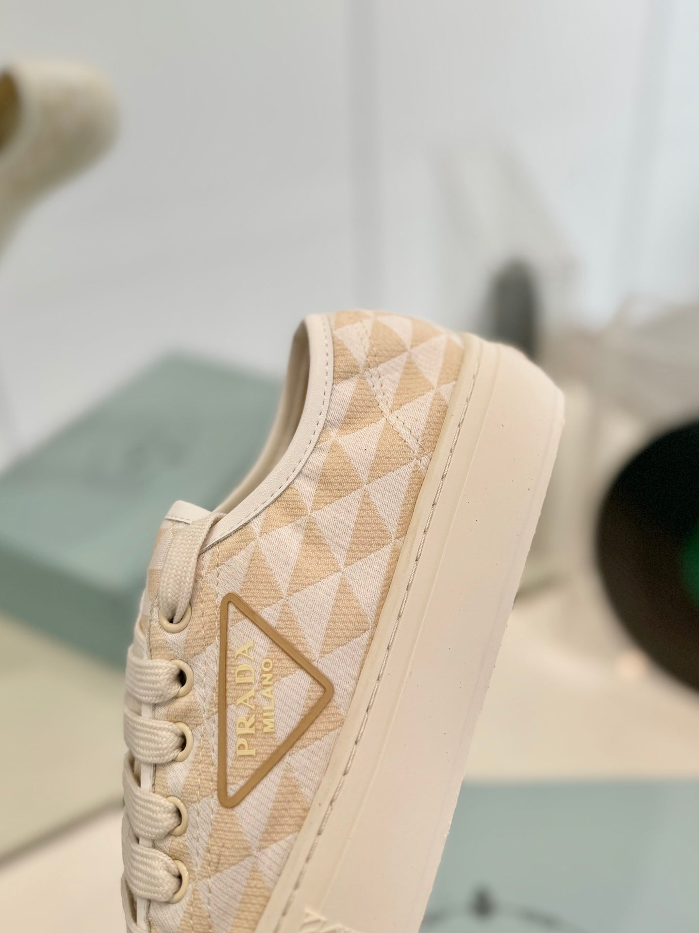 PRADA PRINTED COTTON SNEAKERS BEIGE AND NUDE TRIANGLE CANVAS