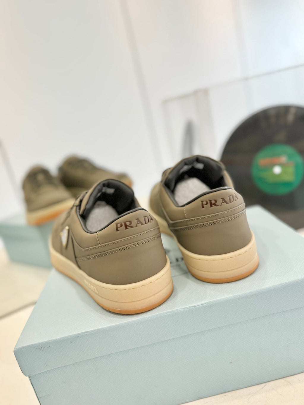 PRADA DOWNTOWN PERFORATED SNEAKERS OLIVE CALFSKIN
